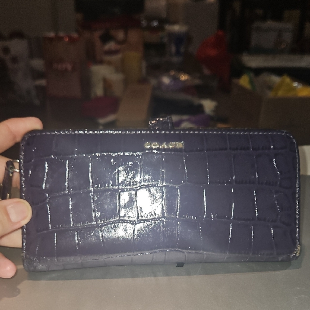 Coach Glossy Deep Purple Violet Croc-Embossed Wallet